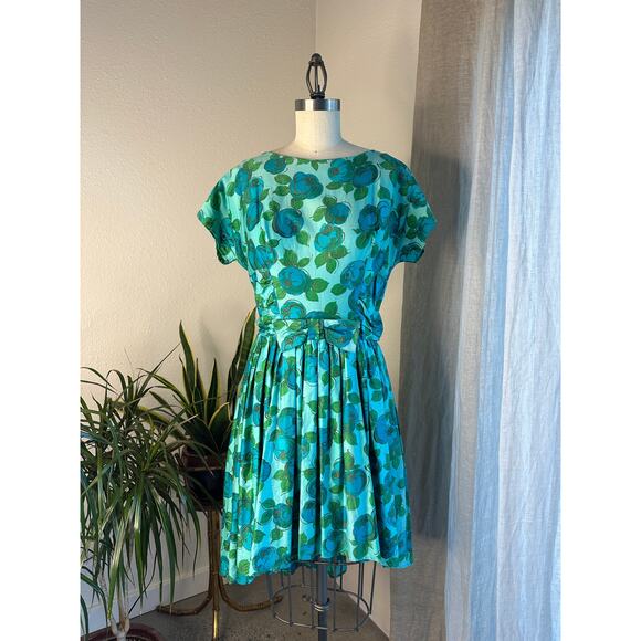 Vintage Women’s M Dress Teal Floral Full Skirt Cinched Waist Bow Detail - Picture 3 of 3